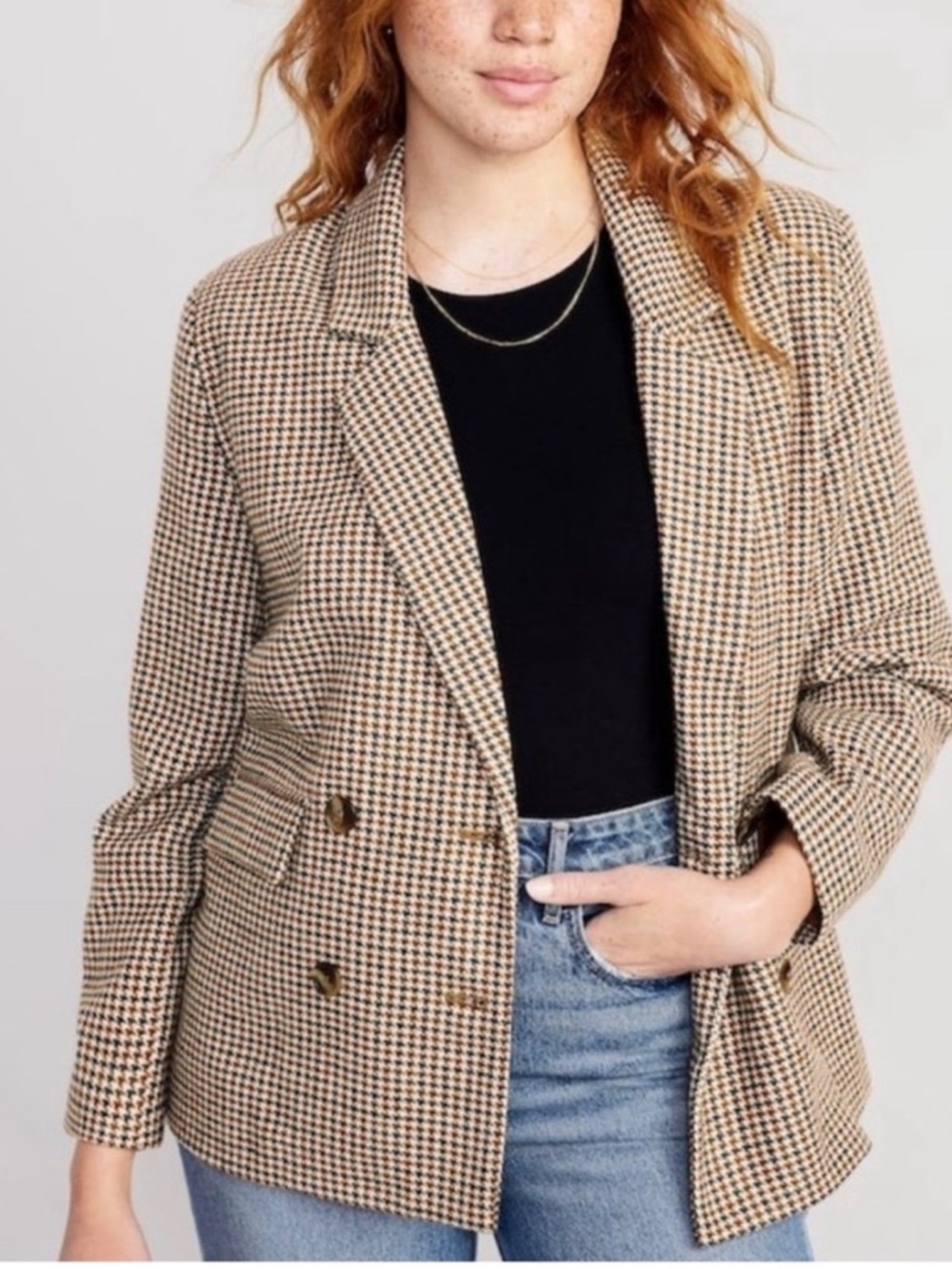 Old Navy Women's Tan and Navy Houndstooth Blazer